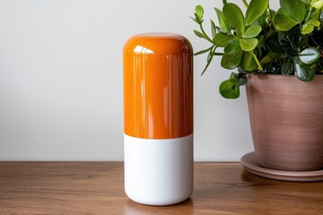Poster - Modern Orange and White Vase with Green Plant on Wooden Table Against White Wall in Natural Light