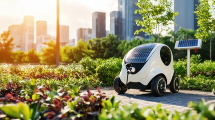 Poster - Futuristic Solar Powered Vehicle Charging in Urban Park with Modern Cityscape and Greenery Emphasizing Sustainable Transportation and Renewable Energy