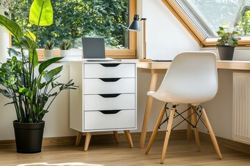 Aufkleber - Bright home office interior with natural light modern desk setup and lush green plants creating a serene workspace for focus and productivity