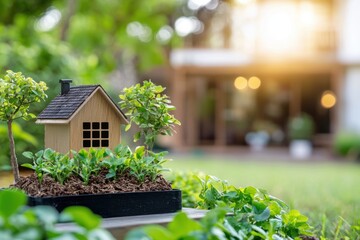 Poster - Miniature Wooden House Surrounded by Lush Greenery in a Serene Garden Setting with Soft Bokeh Background