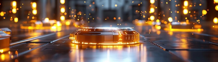Poster - Futuristic platform illuminated by golden light for product display or technology showcase with bokeh effect and metallic background