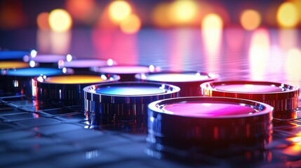 Fototapete - Abstract futuristic background with colorful glowing circles on a reflective grid surface creating a modern and vibrant visual effect with bokeh lights