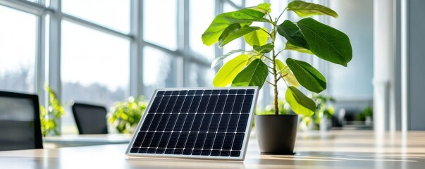 Aufkleber - Solar Panel Displayed with Plant on Office Table Representing Sustainable Energy and Green Workplace Environment with Natural Light