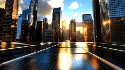 Poster - Futuristic Metropolis with Solar Panels Reflecting Urban Skyline and Golden Sunset Light Creating Sustainable Energy for Modern City