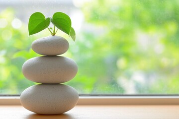 Poster - Serene Zen Garden Stones with Fresh Green Leaves Against a Blurred Natural Green Background Symbolizing Balance and Tranquility