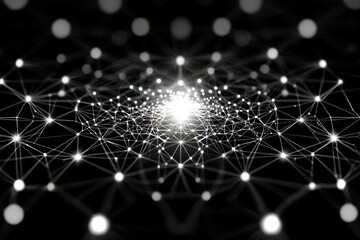 Poster - Abstract network connection structure with glowing nodes and lines on black background representing data flow and communication