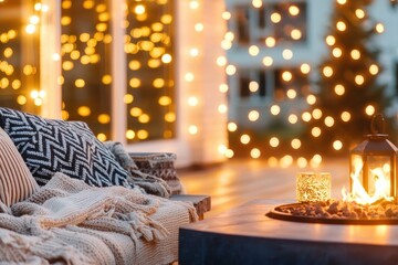 Aufkleber - Cozy outdoor patio scene with warm fire pit lantern and soft cushions under festive string lights creating a relaxing ambiance
