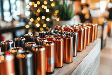 Poster - Rows of Sleek Metallic Cans Displayed on Wooden Countertop with Christmas Tree in Background Festive Ambience