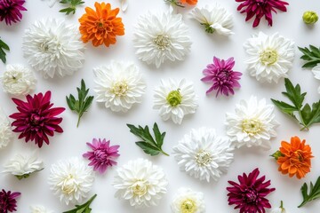 Poster - Elegant floral flat lay featuring vibrant dahlias in white orange and purple on a clean white background creating a beautiful botanical arrangement