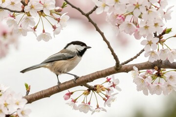 Naklejka na meble A chickadee on a branch with cherry blossoms, flowering tree, forest floor, bird feeder
