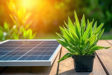 Poster - Solar panel and green plant on wooden table symbolizing sustainable energy and environmental awareness in bright sunlight