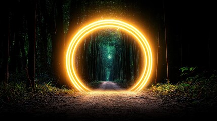 Poster - Enchanted forest path illuminated by a radiant portal mysterious glow amidst lush green trees serene nature scene fantasy concept vibrant colors