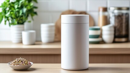 Poster - Minimalist kitchen scene featuring white canister and bowl of grains on wooden countertop with plants