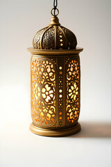 This antique metal lantern, an old object of traditional culture, is isolated on a white background