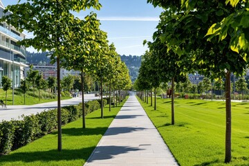 Poster - Serene Walkway Through Lush Green Park with Rows of Trees on Sunny Day Capturing Tranquility and Natural Beauty with Clear Sky and Distant Buildings