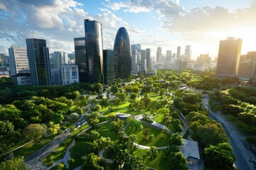 Poster - Urban Oasis A Serene Park Amidst Towering Skyscrapers Captures the Harmony of Nature and Modern Architecture a Green Sanctuary in the City Center