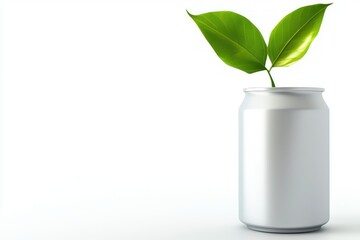 Aufkleber - Fresh Green Leaves Sprouting from a Silver Can Symbolizing Growth Sustainability and Environmental Awareness on a Clean White Background in a Minimalist Style