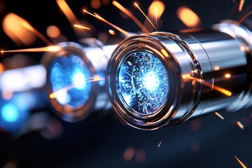 Fototapete - Futuristic metallic cylinders emitting vibrant blue light and orange sparks against a dark background