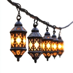 Poster - Ornate Metal Lanterns with Warm Light Hanging Against White Background