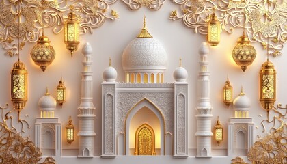 Wall Mural - Ornate White Mosque with Golden Lanterns and Intricate Islamic Designs