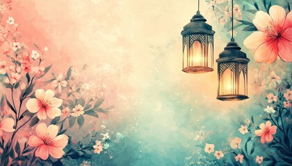 Poster - Peach and Pink Blossoms with Glowing Lanterns