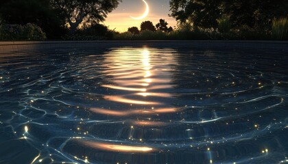 Poster - Serene Sunset Reflection in Water with Crescent Moon and Stars