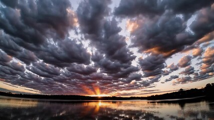 Poster - Dramatic sunset with ominous clouds over a tranquil lake reflecting vibrant colors. Nature's spectacle in the evening sky. Beauty and tranquility of the natural world concept.