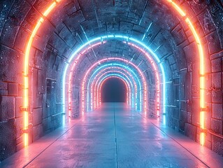 Aufkleber - Exploring neon-lit arches futuristic tunnel digital art urban environment eye-level view modern technology