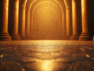 Poster - Golden light illuminates ancient arches enchanted corridor digital art mystical atmosphere low angle view