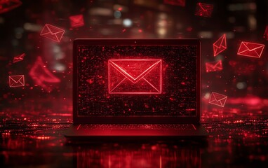 Poster - Laptop with a red alert warning on the screen, surrounded by flying emails, showcasing the dangers of digital threats and cybersecurity in a redthemed background