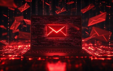 Poster - Laptop with a red alert warning on the screen, surrounded by flying emails, showcasing the dangers of digital threats and cybersecurity in a redthemed background