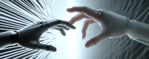 Poster - A closeup of a robot hand and a human hand almost touching, symbolizing the fusion of machine learning and human technology, set against a futuristic tech background