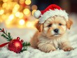 © Pimchada - Fluffy dog puppy wearing a festive red cap with a christmas background, christmas, furry, fluffy
