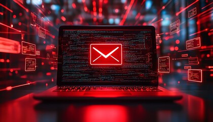Poster - A laptop with a red alert warning on the screen, surrounded by emails, illustrating the growing digital threats and cybersecurity on a bold red backdrop
