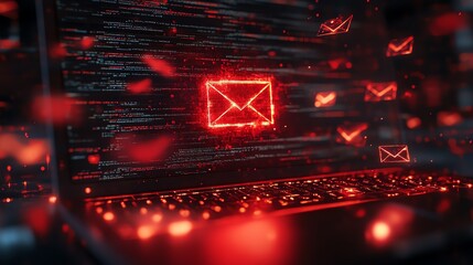 Aufkleber - A red alert symbol glowing on a laptop screen, surrounded by floating emails, showcasing cybersecurity and digital threats on a redthemed background