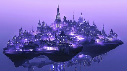 Poster - A neon-colored futuristic city where buildings hover like islands in the sky, with copy space.