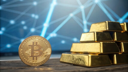 Poster - fusion of traditional gold and digital currency, symbolizing wealth