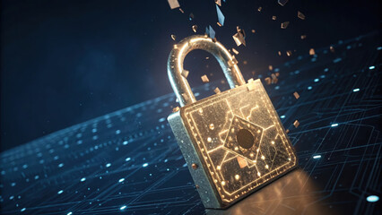 Fototapete - glowing blockchain lock with smart contract code, symbolizing security