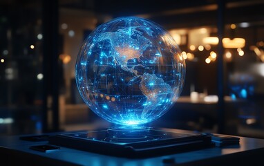 Poster - An interactive, futuristic digital globe interface with illuminated network connections and floating data points, representing the future of global digital communication