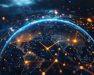 Poster - a sleek, interactive digital globe interface with floating data points and holographic connections, 