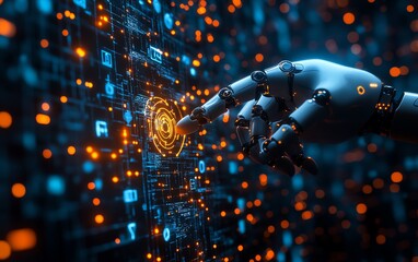 Poster - A futuristic scene with a robot and human hand about to touch, surrounded by glowing machine learning algorithms and technology icons on a dark digital background