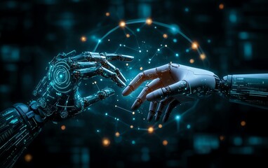 Poster - A futuristic scene with a robot and human hand about to touch, surrounded by glowing machine learning algorithms and technology icons on a dark digital background