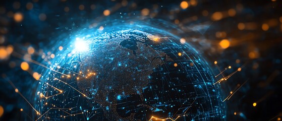 Poster - A glowing, interactive digital globe interface surrounded by floating data streams and holographic lines, representing cuttingedge global connectivity and technology