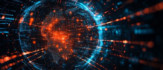 Poster - A glowing, interactive digital globe interface surrounded by floating data streams and holographic lines, representing cuttingedge global connectivity and technology