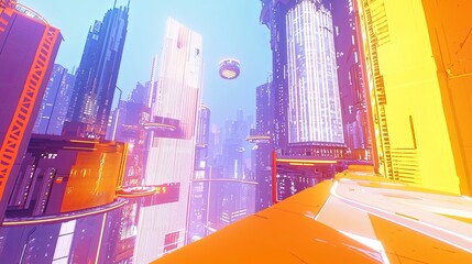 Poster - A sci-fi city featuring levitating towers and sky highways above a glowing skyline, with copy space.