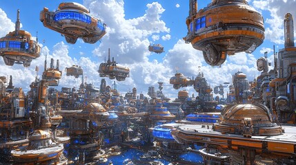 Poster - A sci-fi landscape where futuristic buildings float effortlessly above a digital metropolis, with copy space.