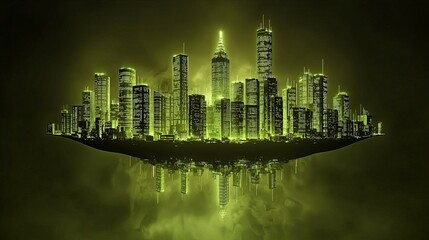 Poster - A stunning futuristic cityscape with floating skyscrapers illuminated by neon lights, with copy space.