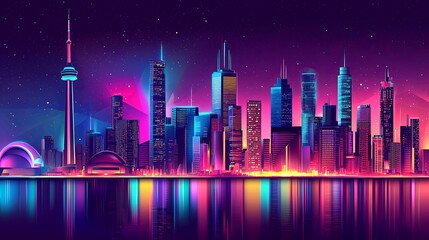 Poster - A stunning futuristic cityscape with floating skyscrapers illuminated by neon lights, with copy space.