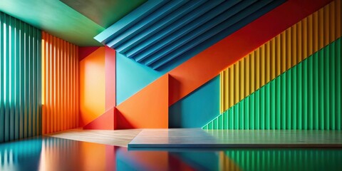 Wall Mural - Abstract Room with Vibrant Geometric Walls and Reflective Floor Featuring Bold Color Blocks and Linear Textures Ideal for Modern Design Presentation