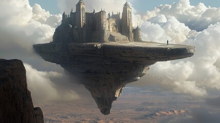 Poster - A surreal 2D digital artwork of a floating castle high above a fantasy world, with space for branding.